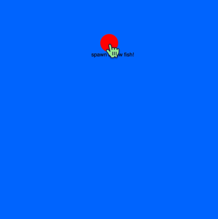 A screencap of my simulation. There is a button to spawn fish, which follow my cursor around the screen. There is a bright blue background and colorful, 8-bit hand-drawn fish floating around the screen.